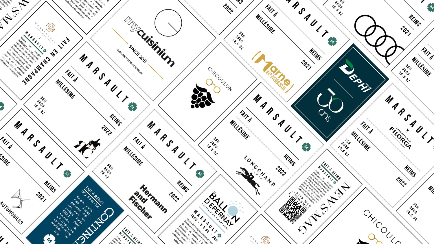 Présentation des étiquettes personnalisées réalisées dans le cadre de nos nombreux partenariats avec des professionnels pour la réalisation de bougies