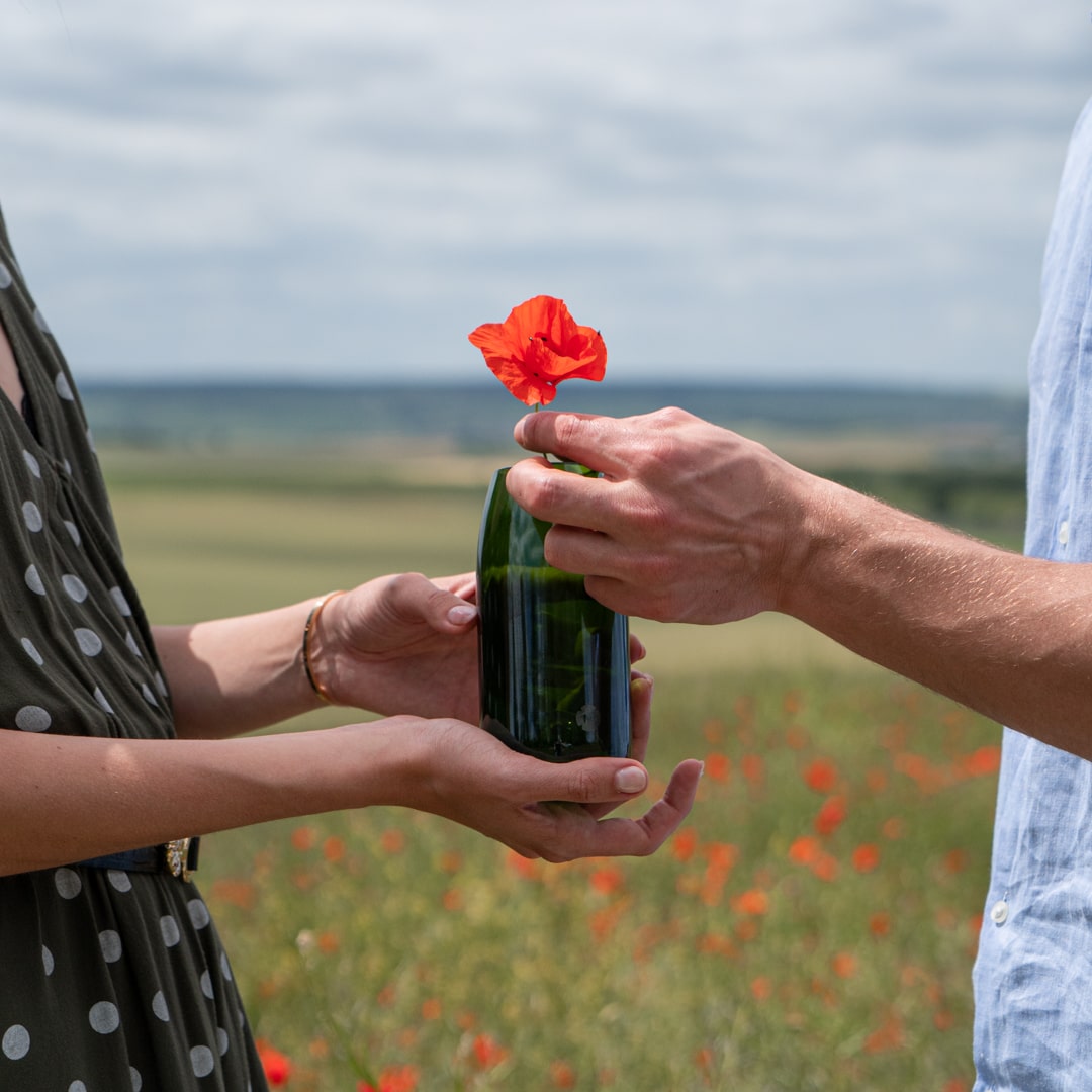 Les mains d'une femme qui tiennent un vase demi-bouteille dans lequel un homme met un coquelicot. Au fond de la photo, on observe l'horizon avec un grand champ de coquelicots. 