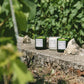 trois bougies format montagne de reims, cote des blancs, champenoise avec de la cire végétale et une mèche en bois posées au soleil sur un mur dans les vignes en champagne-ardenne