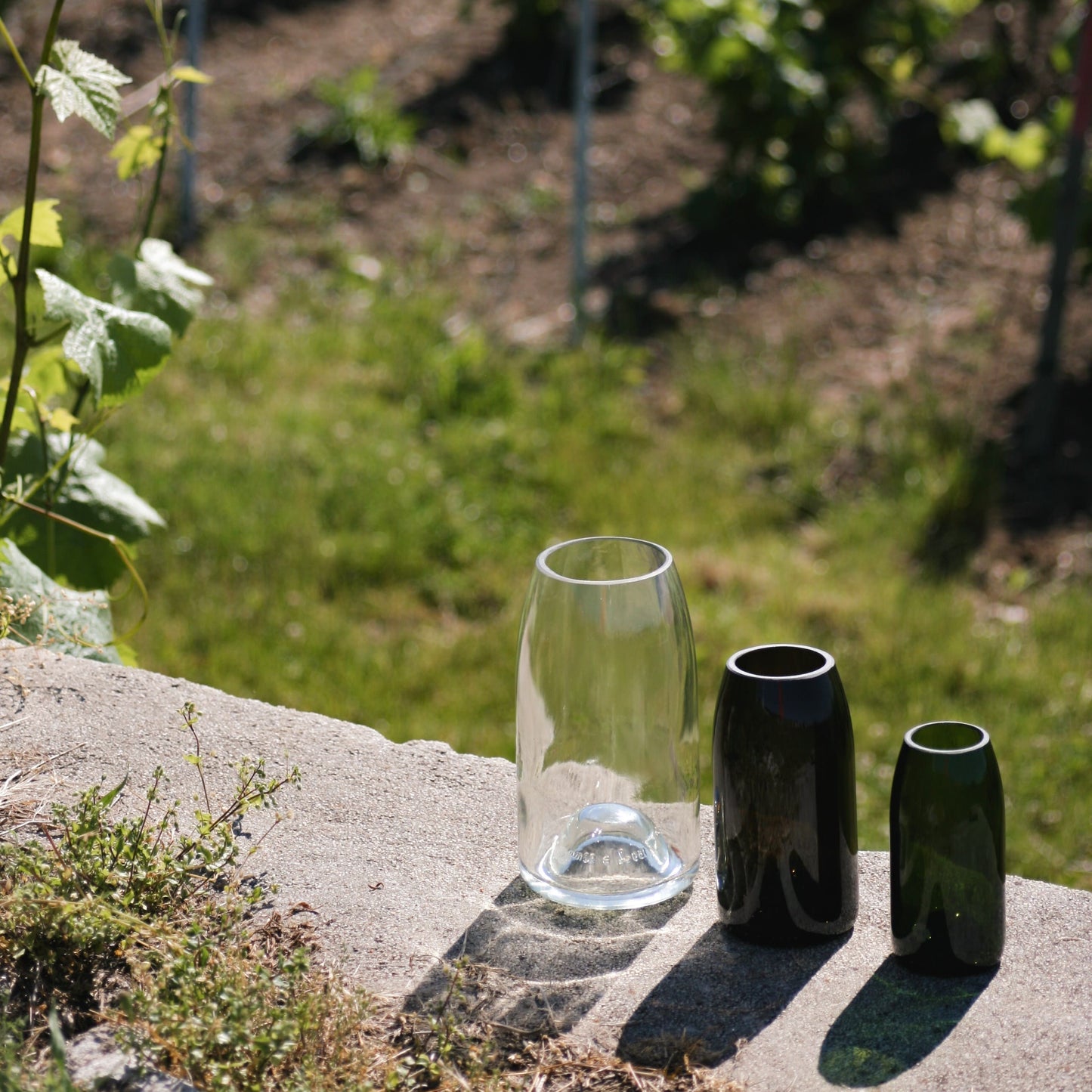 Trois formats de vases upcyclés de la marque marsault reims au dehors au soleil sur un mur dans les vignes. 