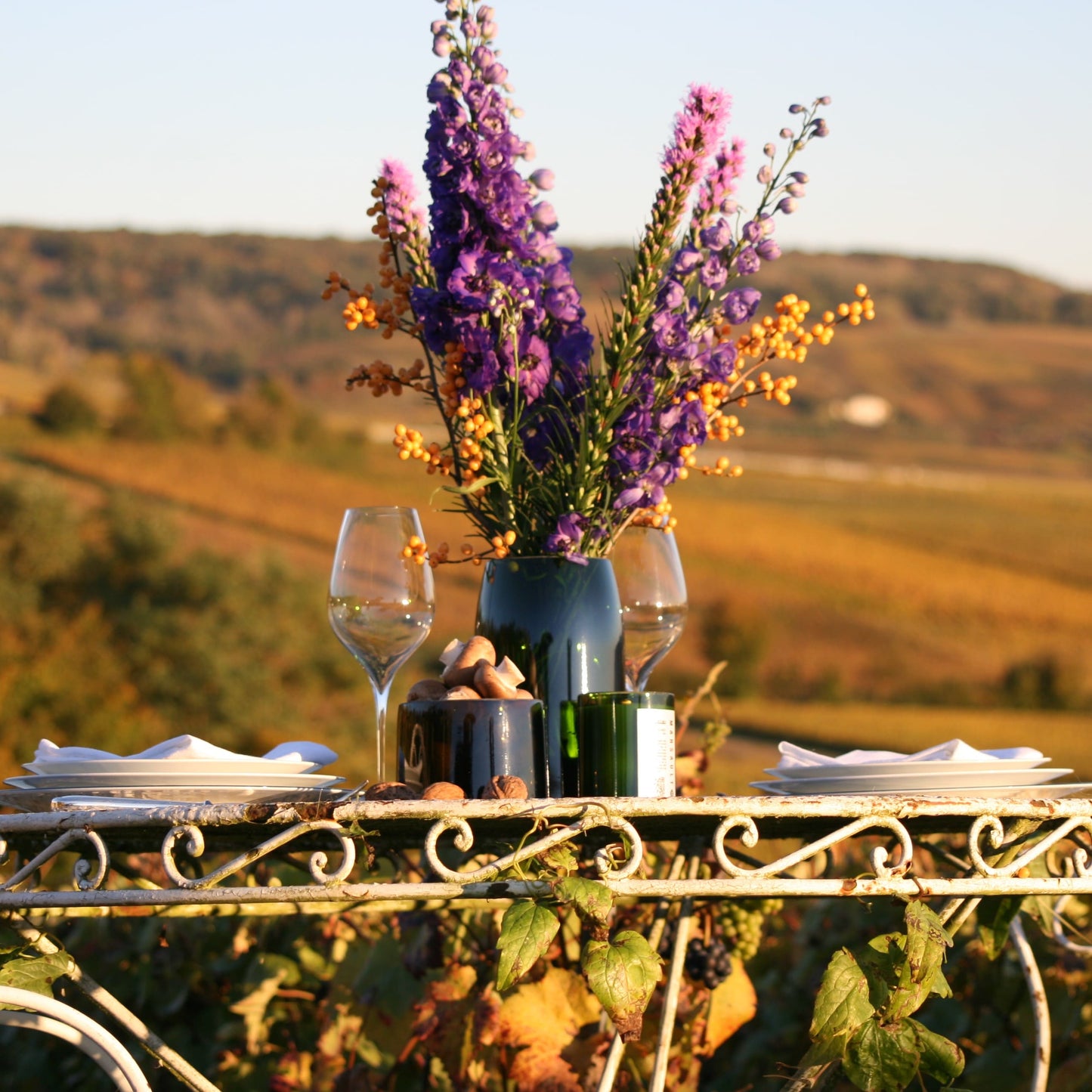 Vase de la marque Marsault posé une table au soleil avec vue sur les vignes de Hautvillers, à côté de Epernay en champagne-ardenne